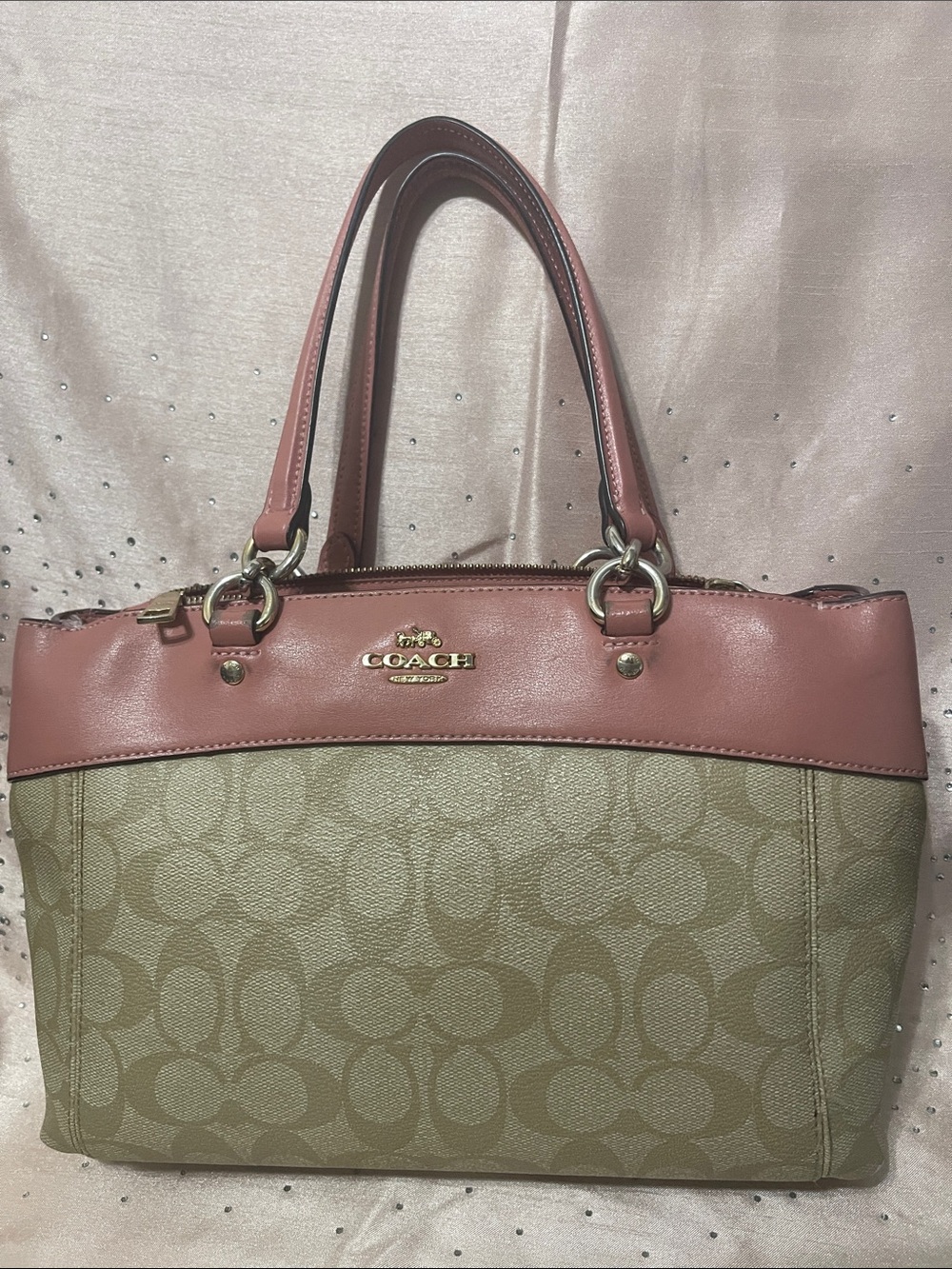 Coach Beige Signature Canvas Tote with Dusty Rose Trim
